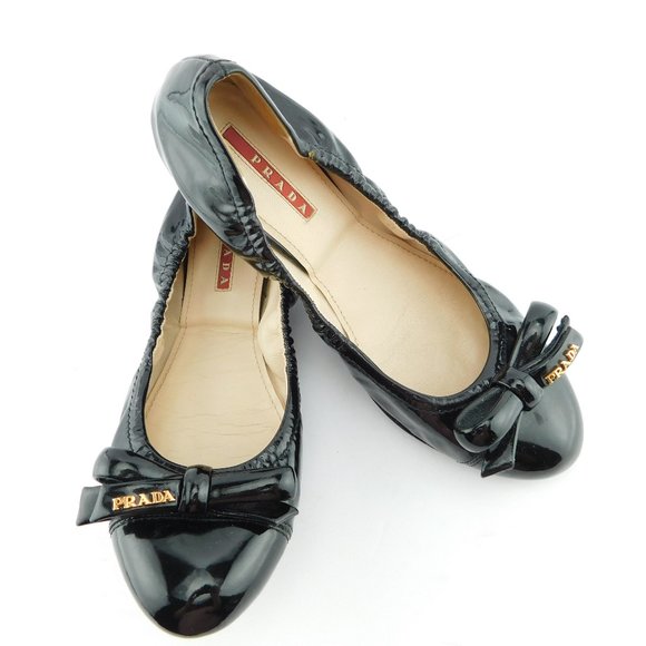 Prada Shoes - PRADA Logo Bow Black Patent Leather Ballet Flats 37.5